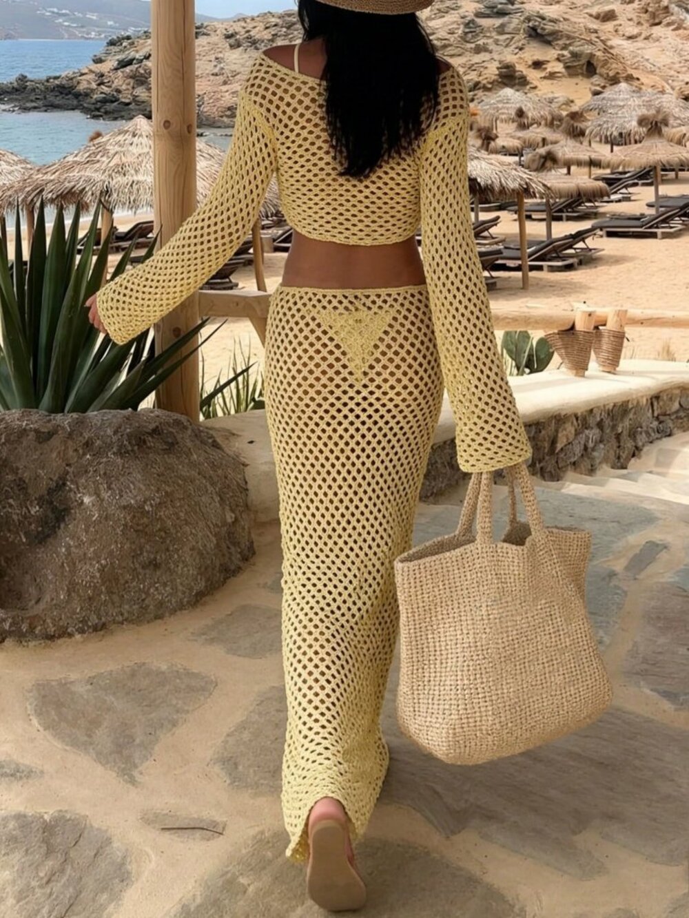 Yellow Casual Women's Knit Cropped Top and Maxi Skirt Set - Picture 4 of 5